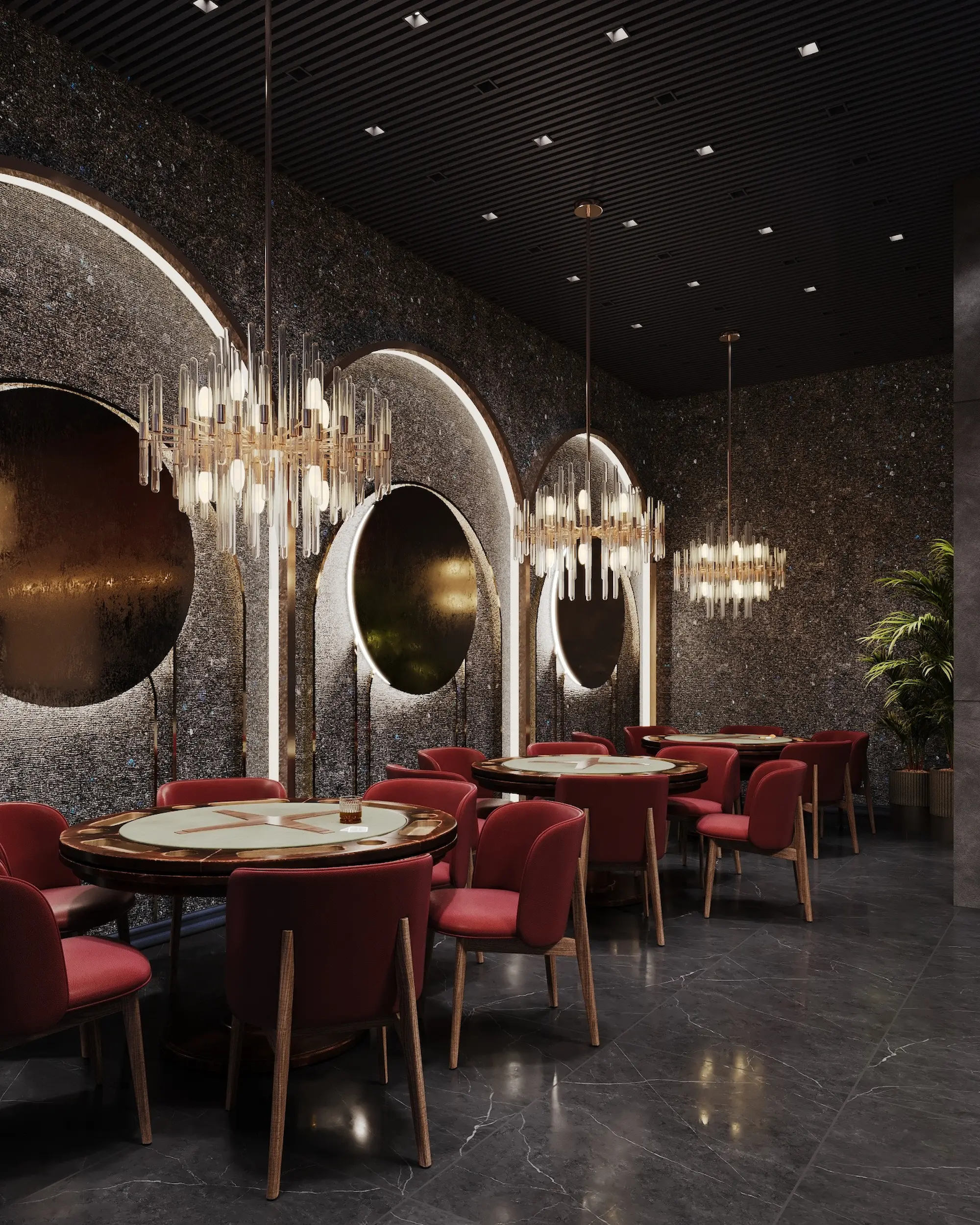 Labradorite in a casino lounge interior with arches, warm light, and expressive texture