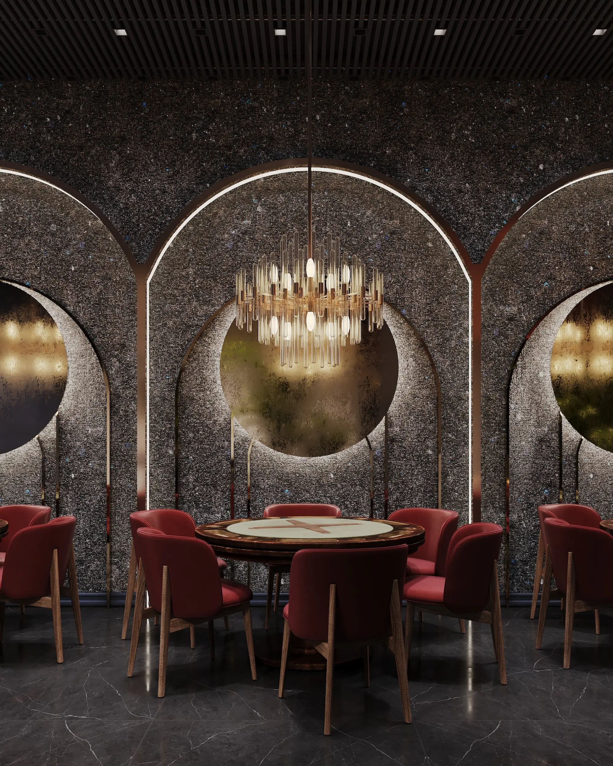 The texture of labradorite in a casino lounge with arches and warm backlighting