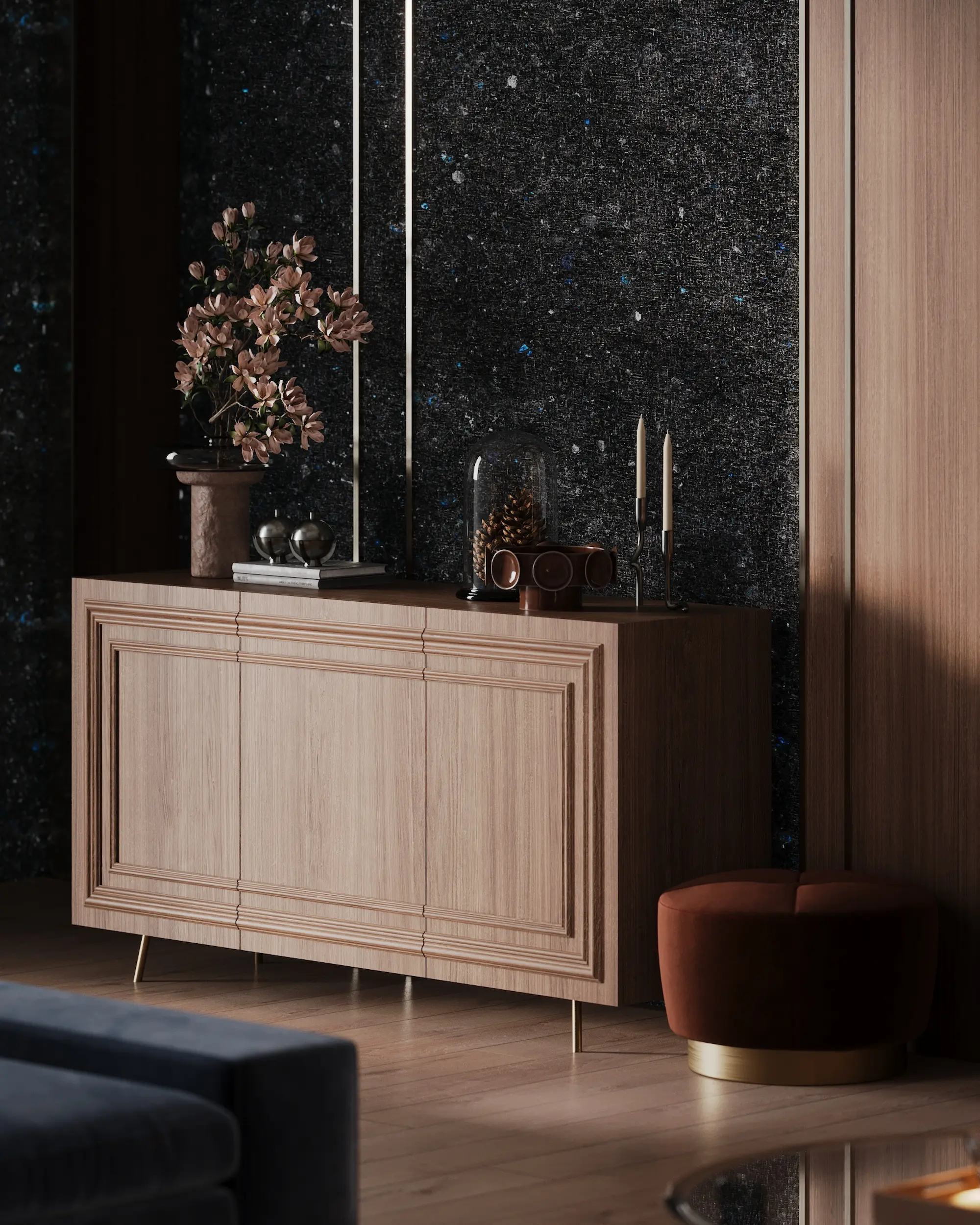 Living room with an accent wall in Golovinski labradorite