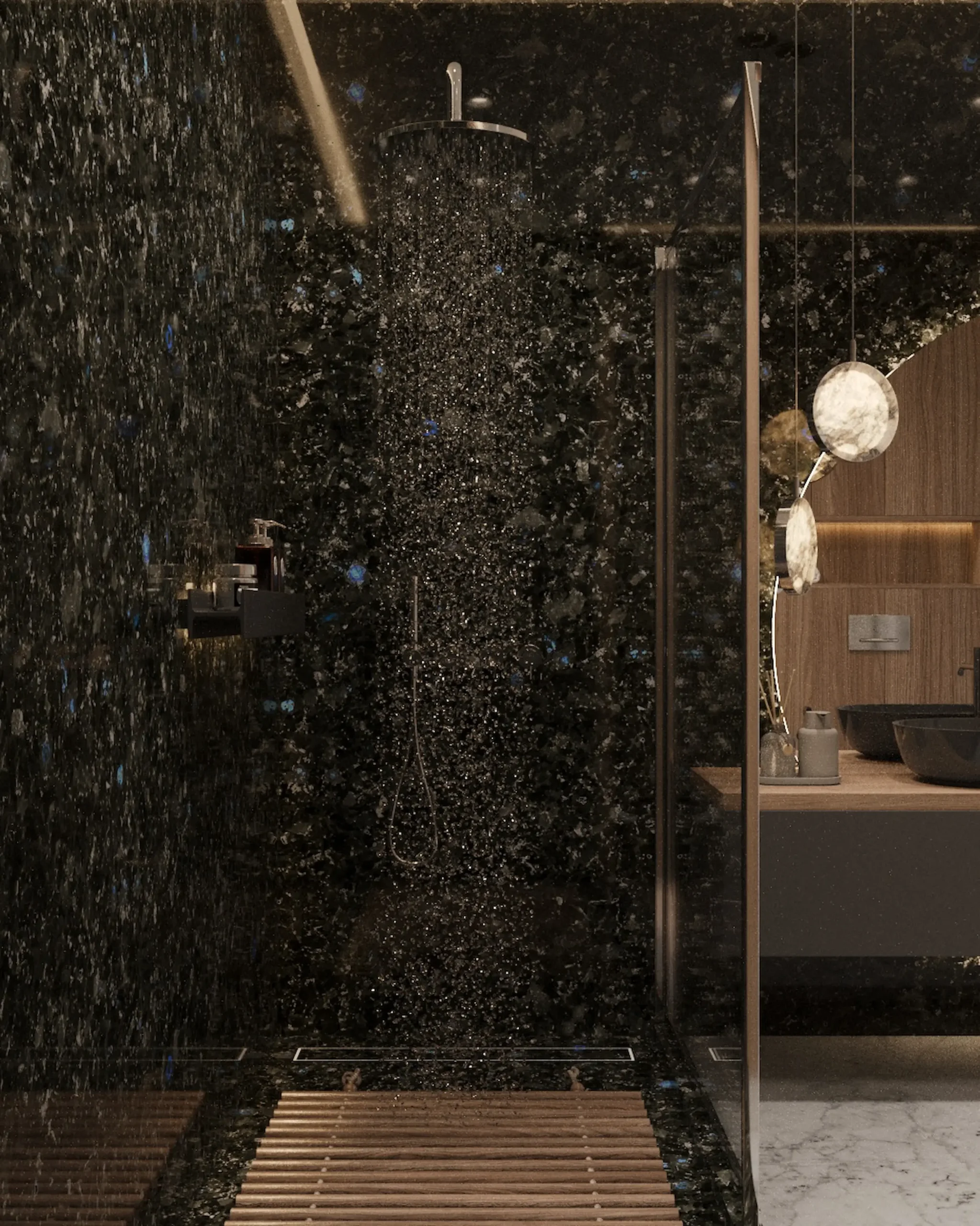 Shower zone with labradorite and monolithic large-format surfaces