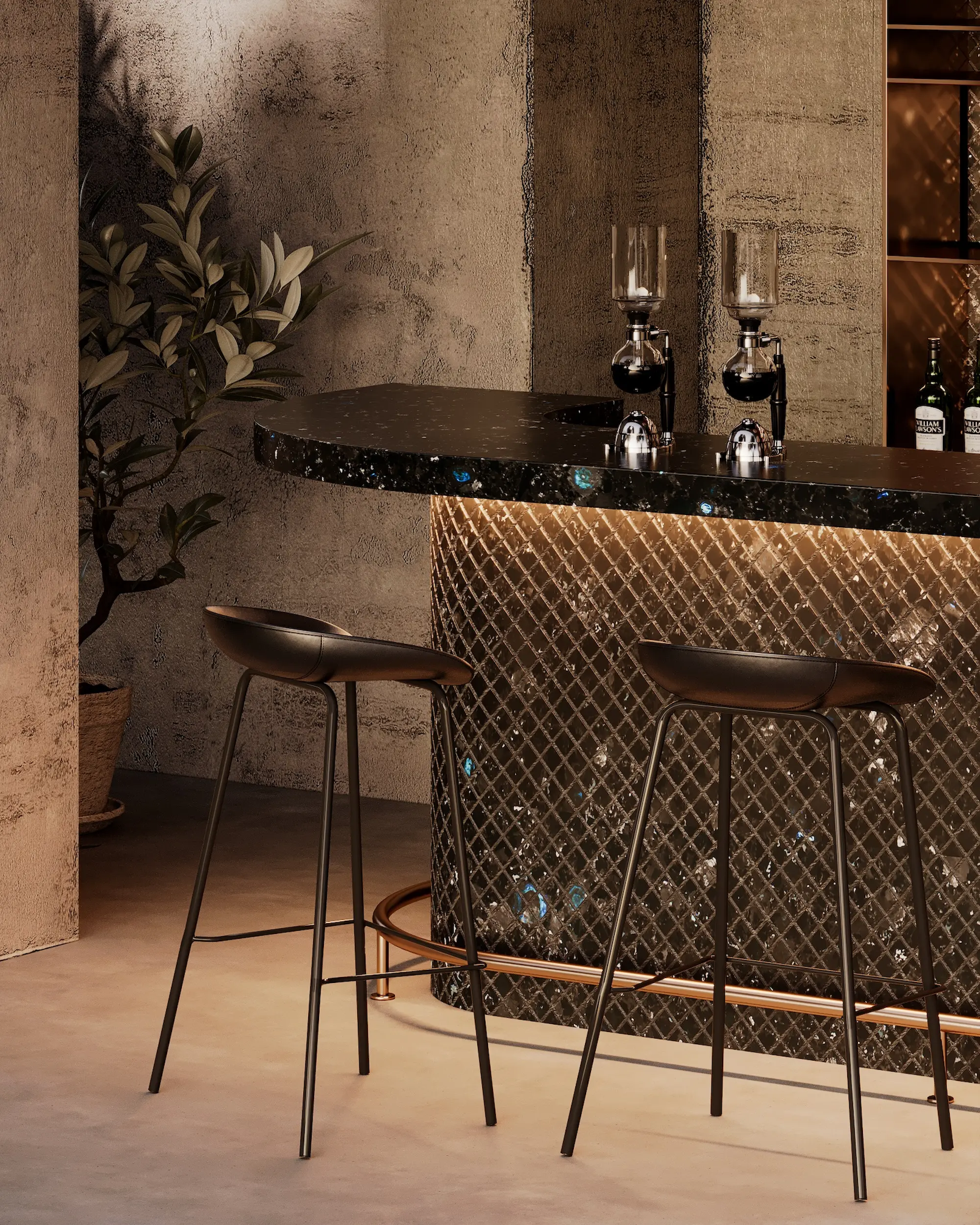Detail of a labradorite bar counter with DIAMANTE finish
