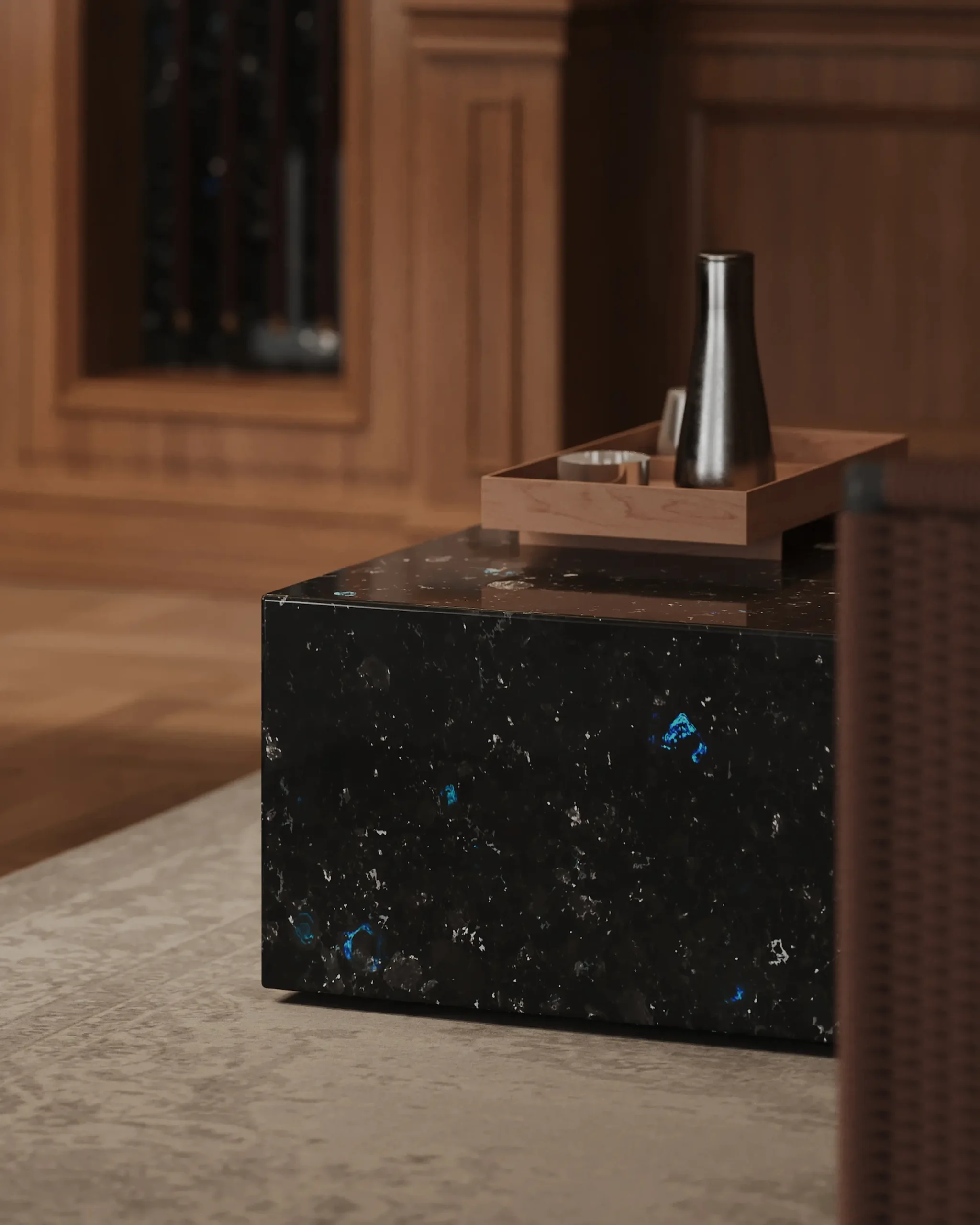 Furniture accent with Golovinski Labradorite in a billiard interior