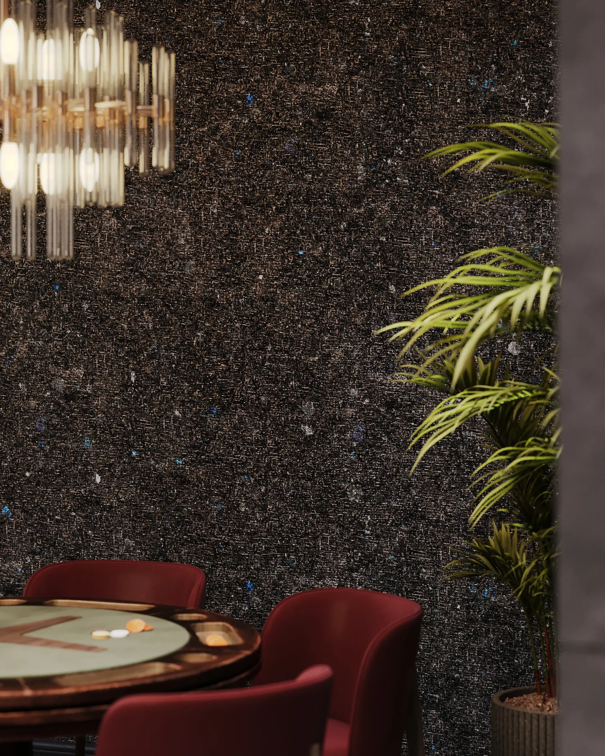 Labradorite texture in a casino lounge interior with warm light and green accents