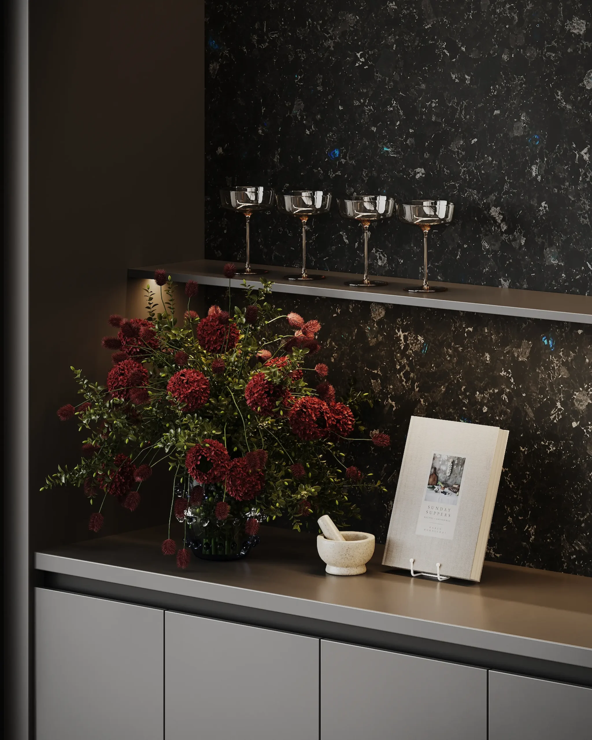 Detail of a Golovinski labradorite kitchen