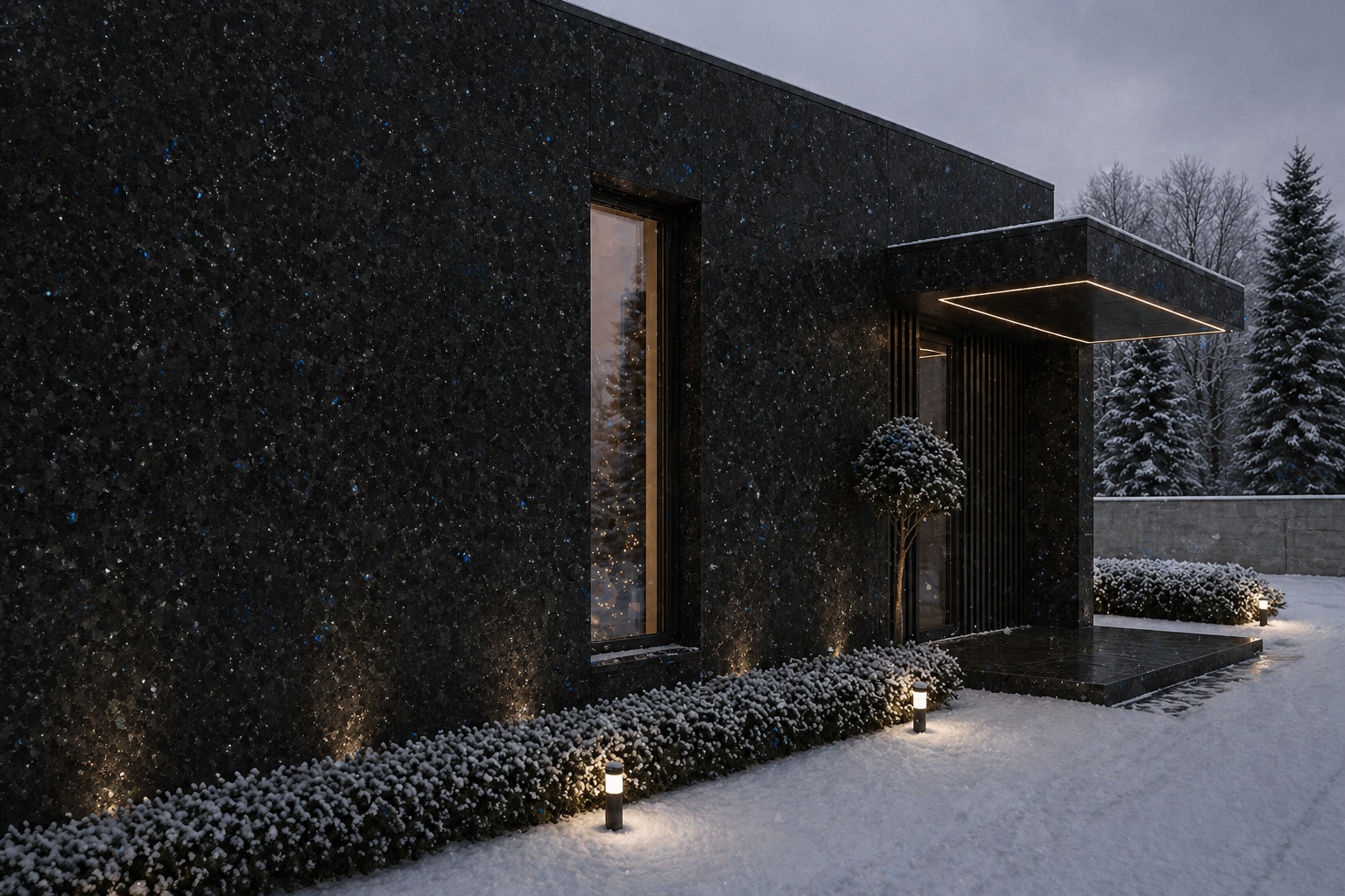 Black labradorite stone facade in winter conditions with lighting