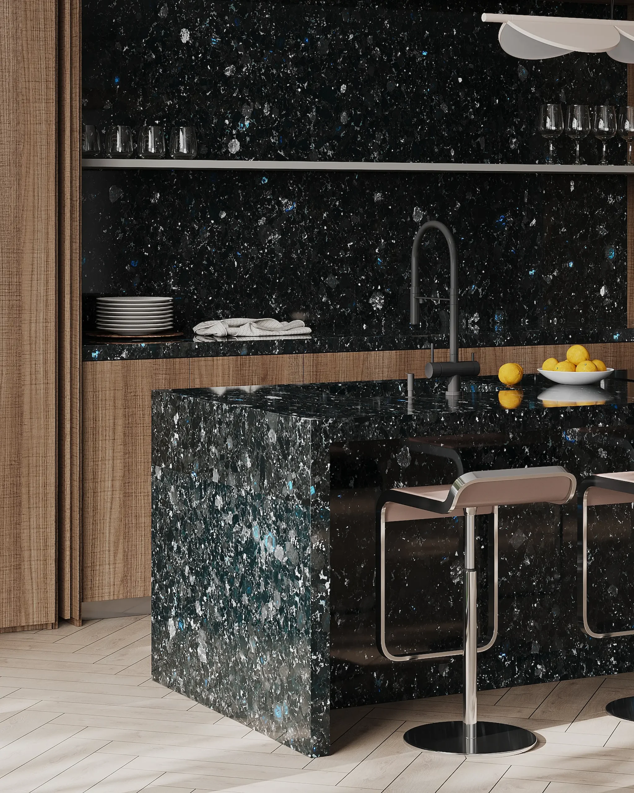 Detail of a Golovinski labradorite kitchen island