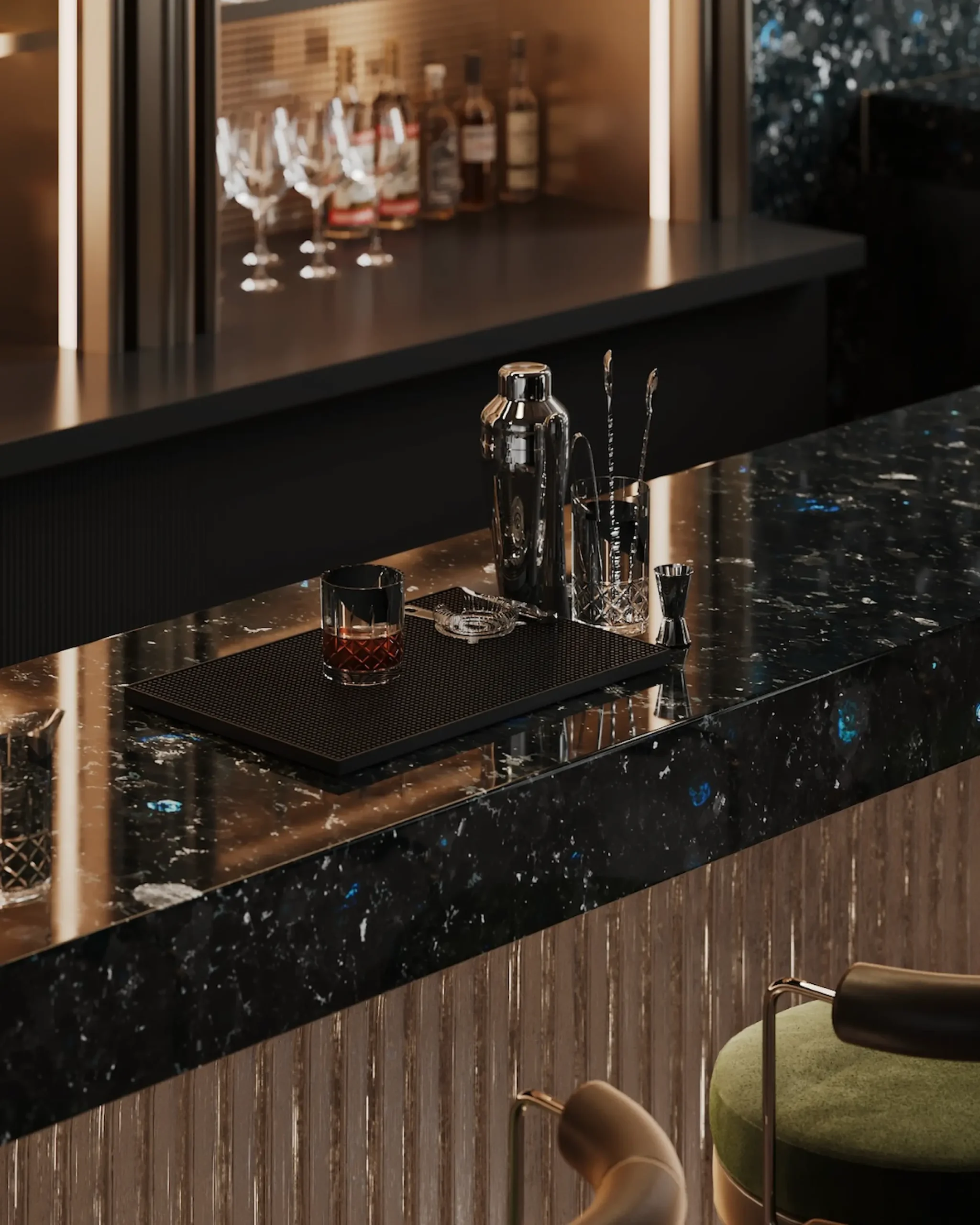 Detail of a Golovinski labradorite bar countertop