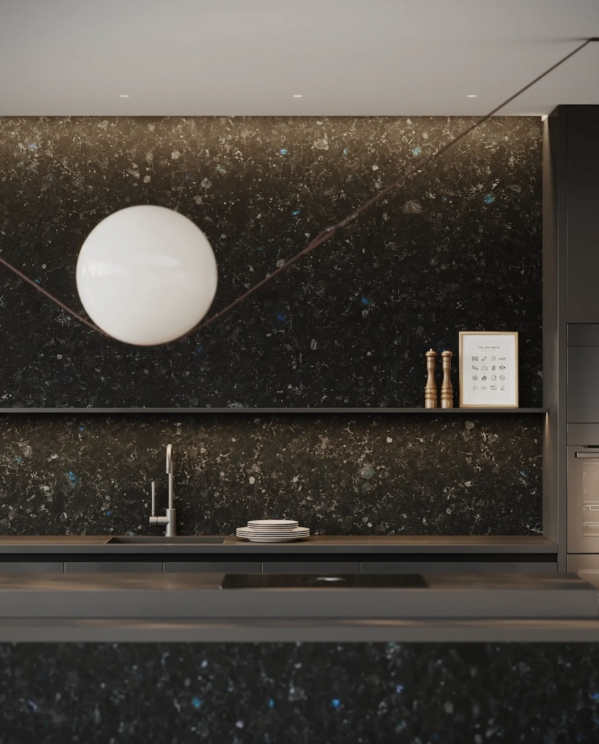 Detail of a Golovinski labradorite kitchen