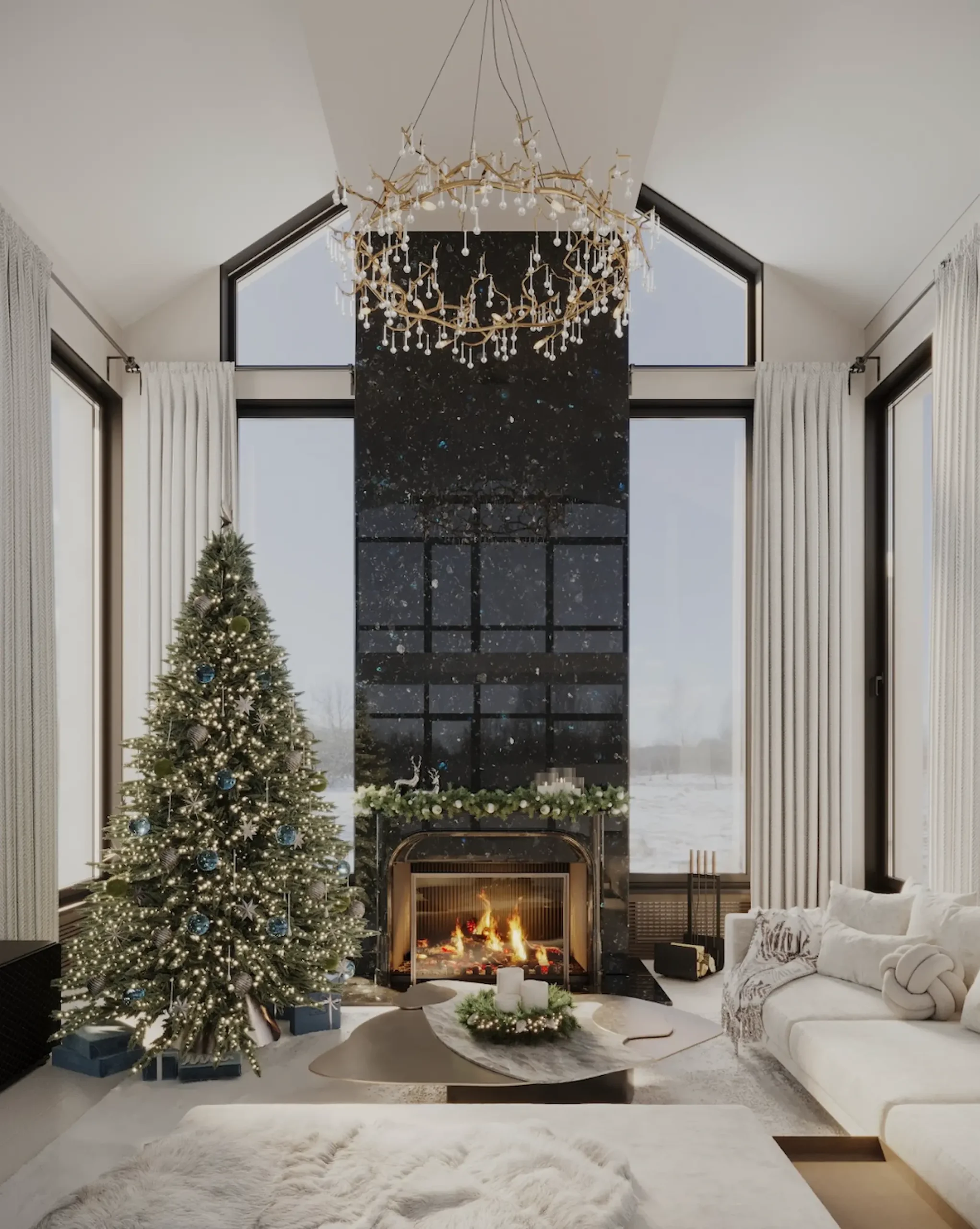 Камін у лабрадориті у преміальній вітальні