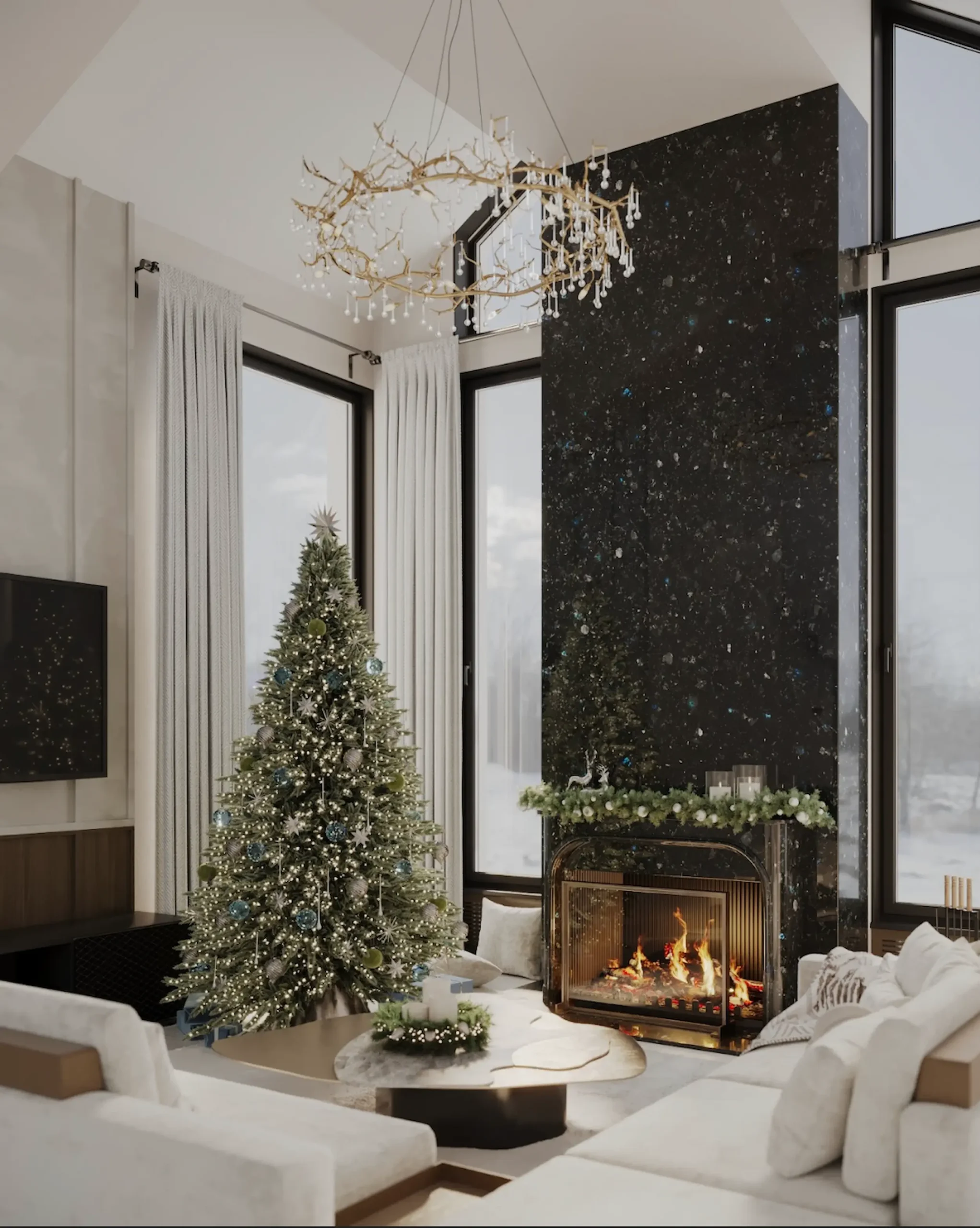 Вітальня з каміном у чорному камені Golovinski