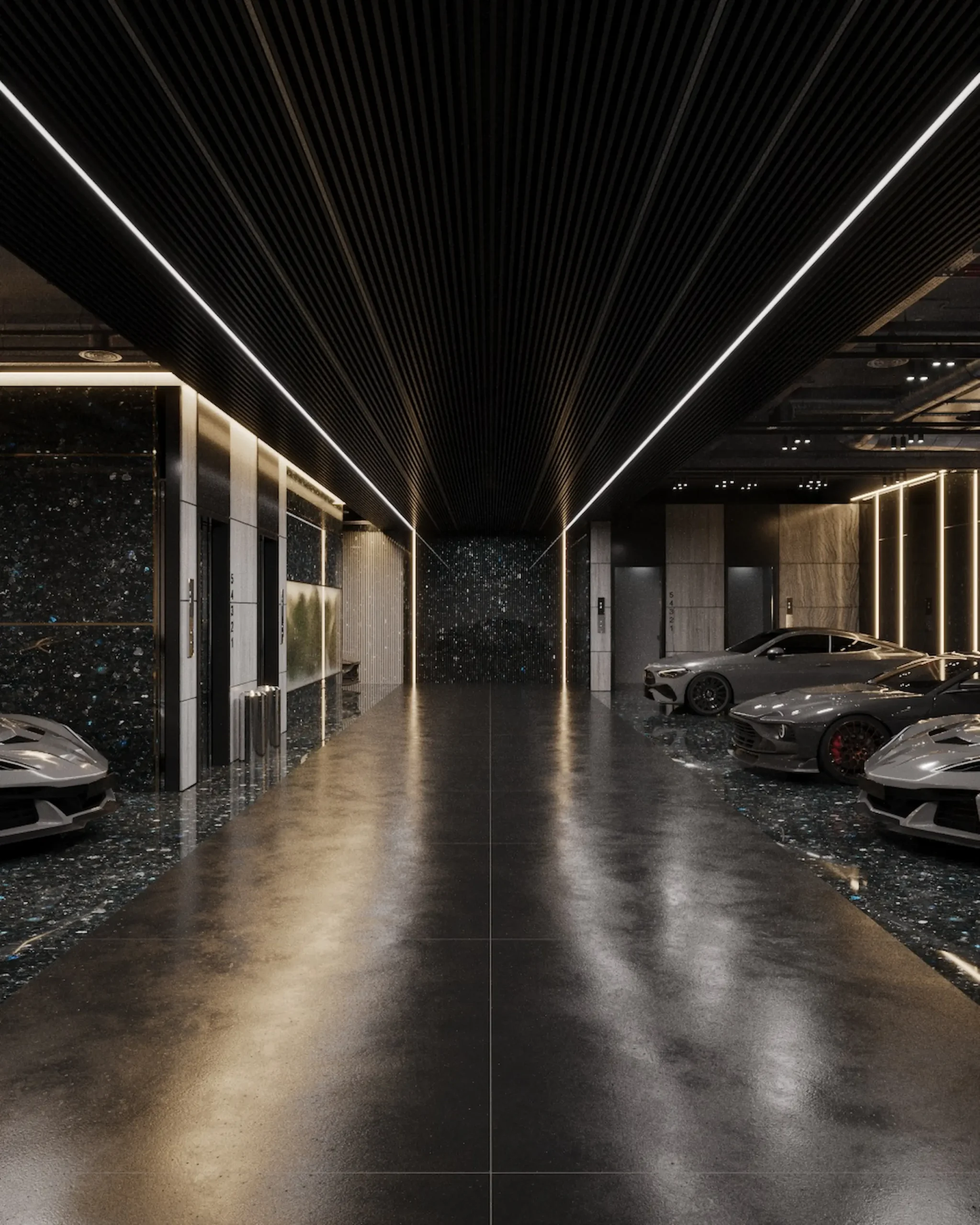 Private underground parking with Golovinski Labradorite cladding