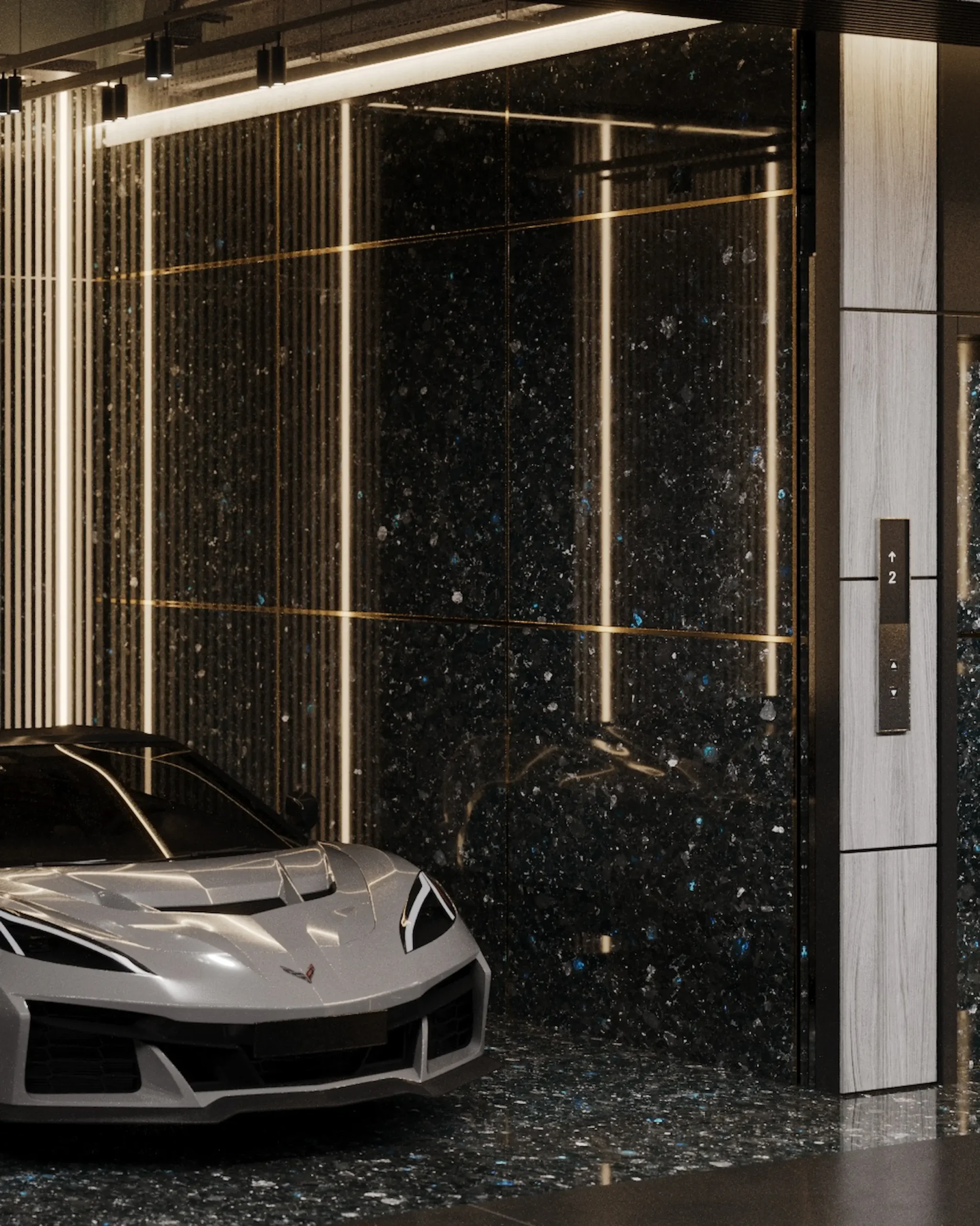 Private underground parking with Golovinski Labradorite cladding