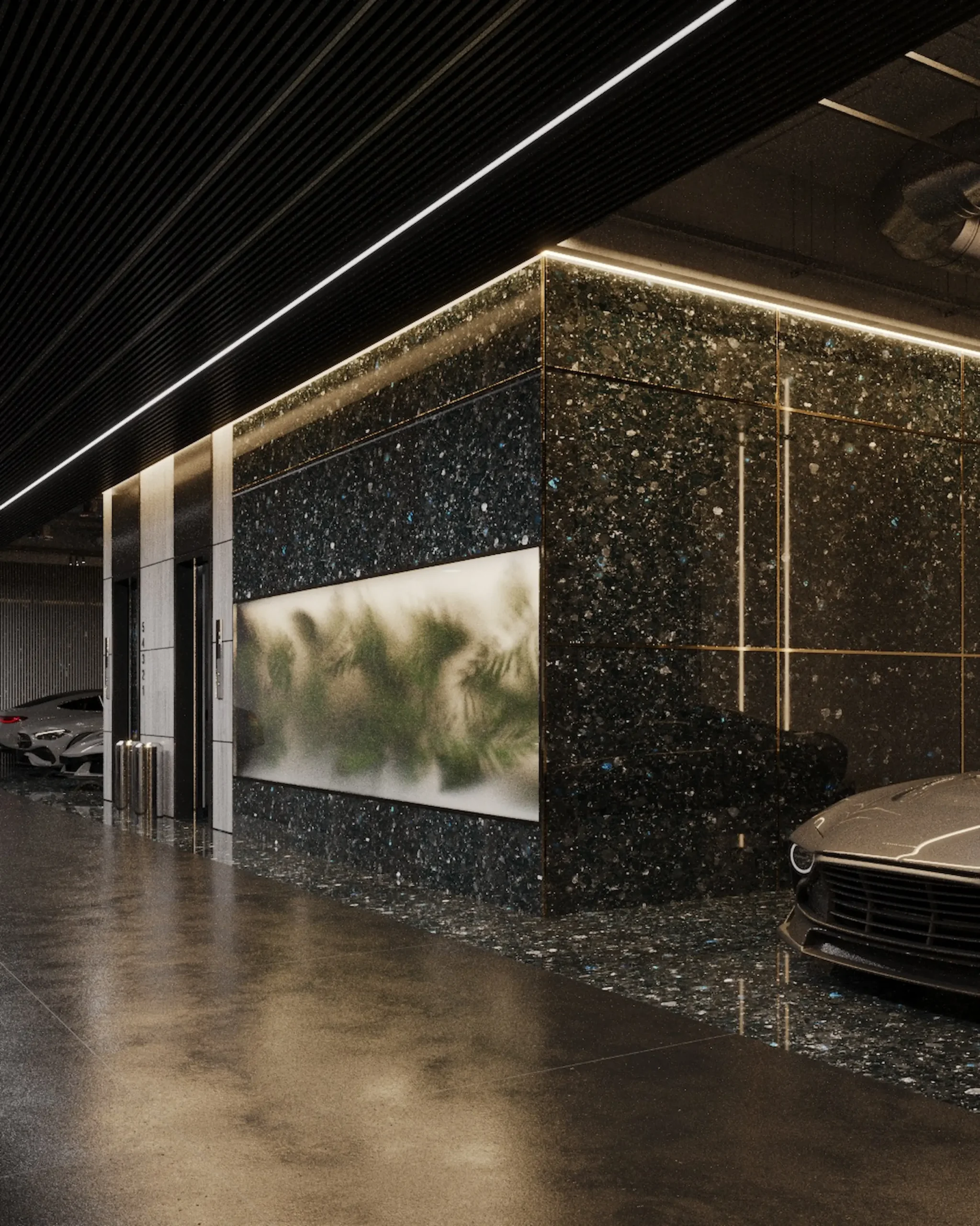 Underground parking cladding with natural Golovinski Labradorite stone