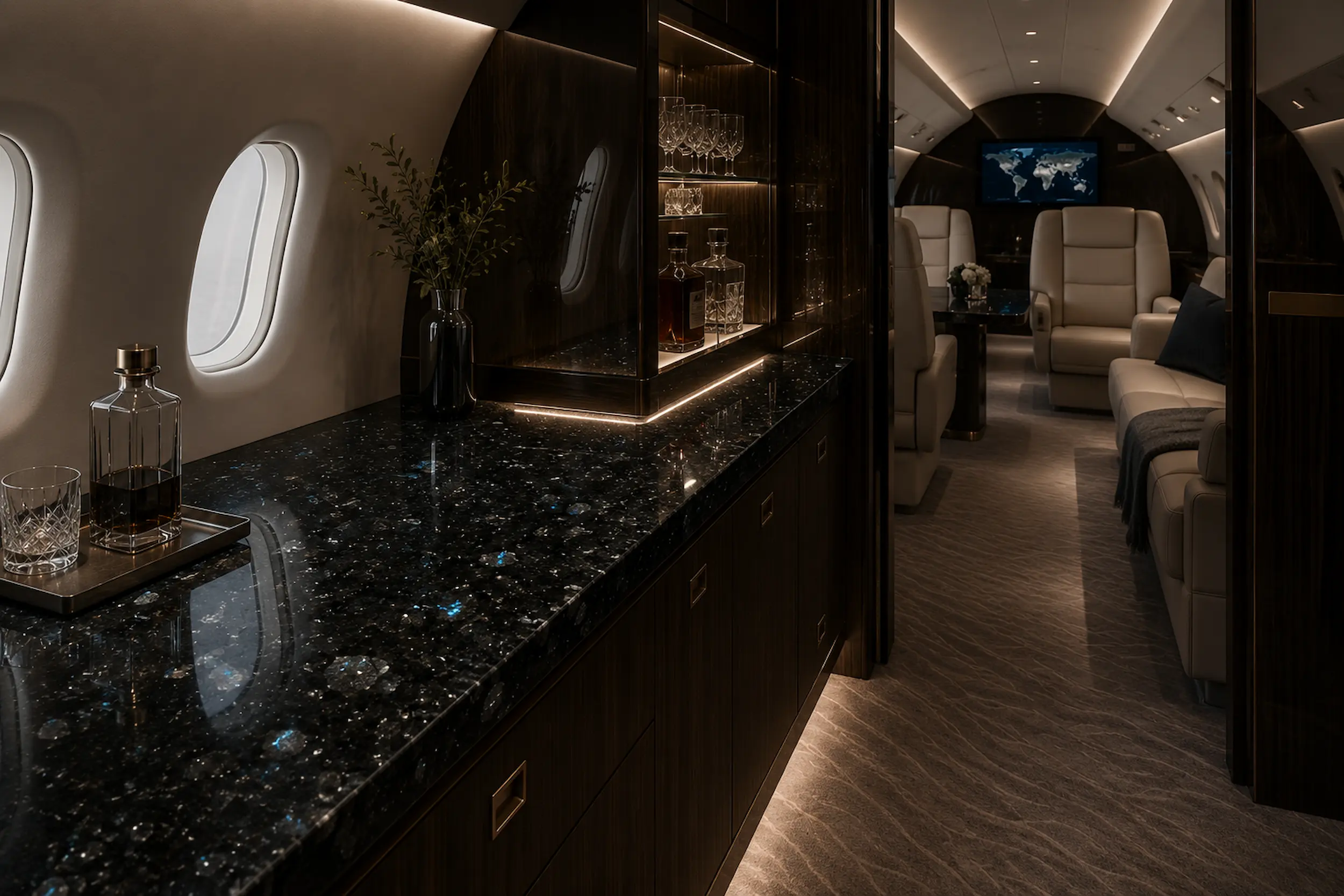 Golovinski labradorite in a private jet interior