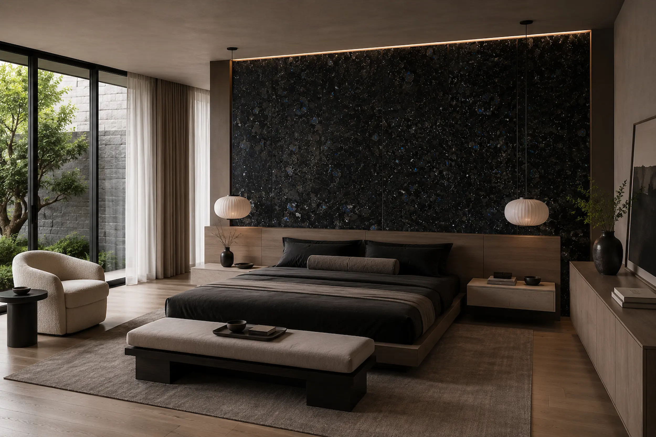 Black stone bedroom with Golovinski labradorite