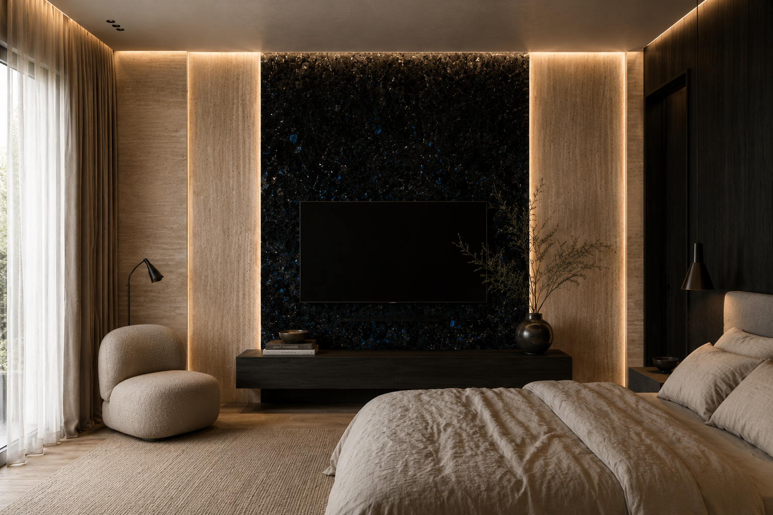 Black stone and beige travertine in the bedroom