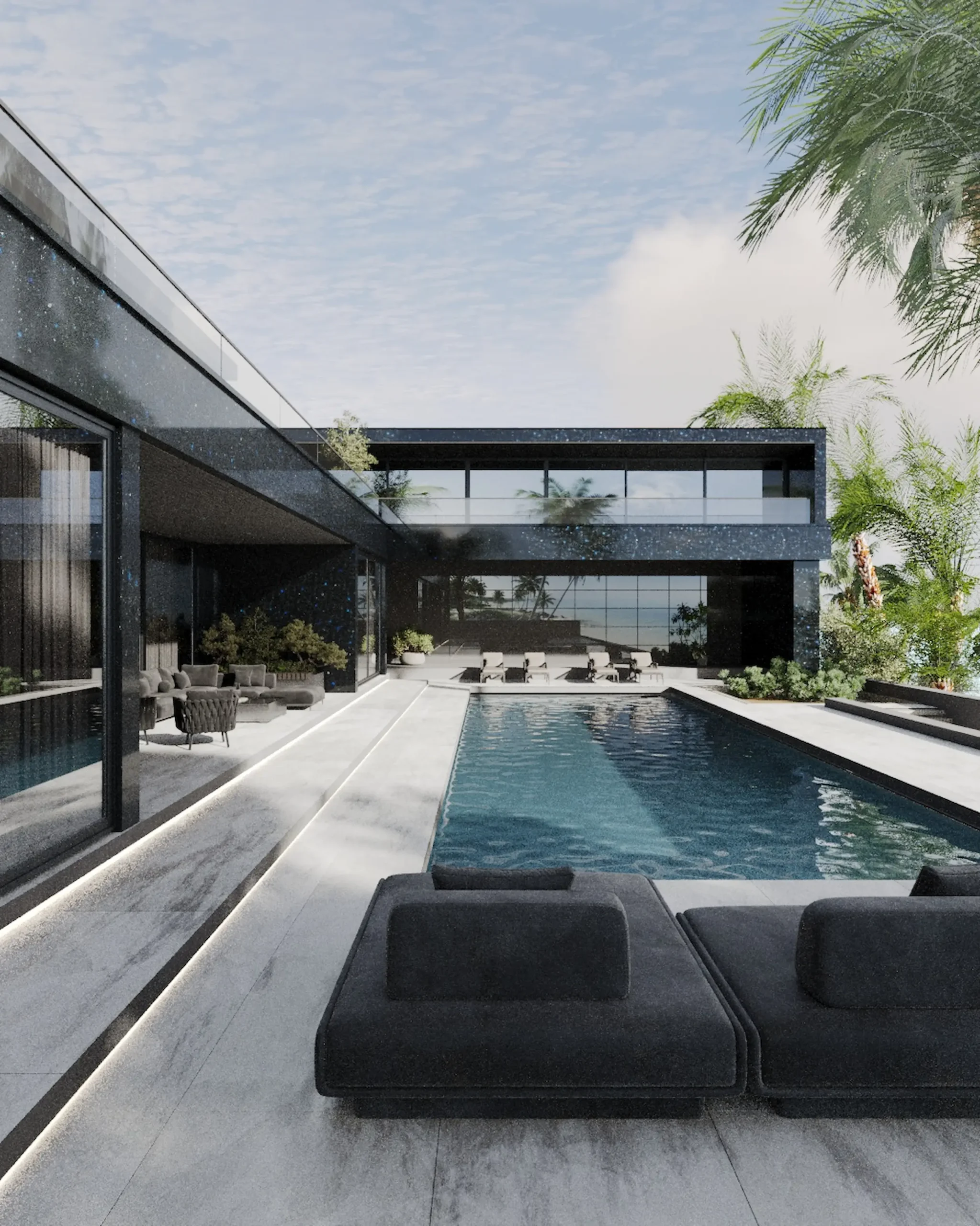 private house facade with natural black stone